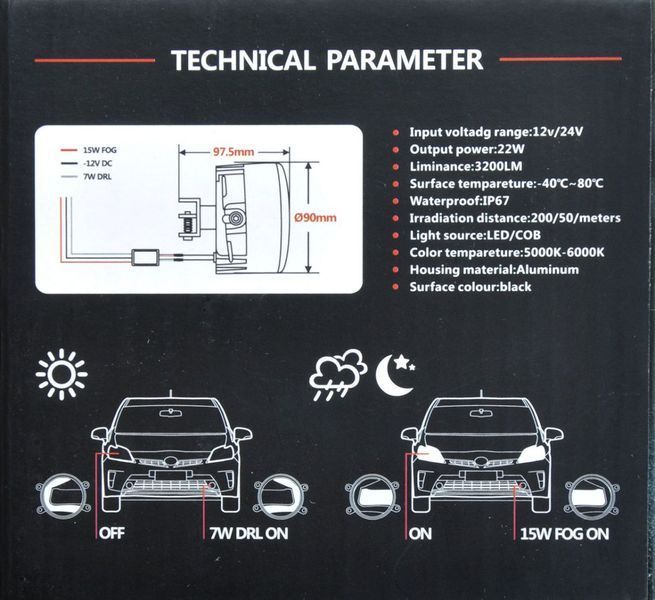 Протитуманні LED Фари круглі D90 мм / Лінза з ДХО / 12V / 22W / 6000K-COB / 2 шт 56345 фото